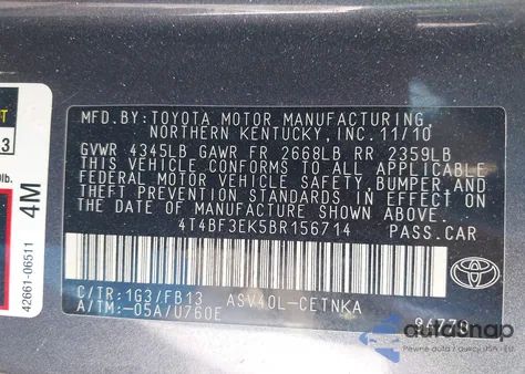 2011 Toyota Camry Le z USA, uszkodzony, nr VIN 4T4BF3EK5BR156714